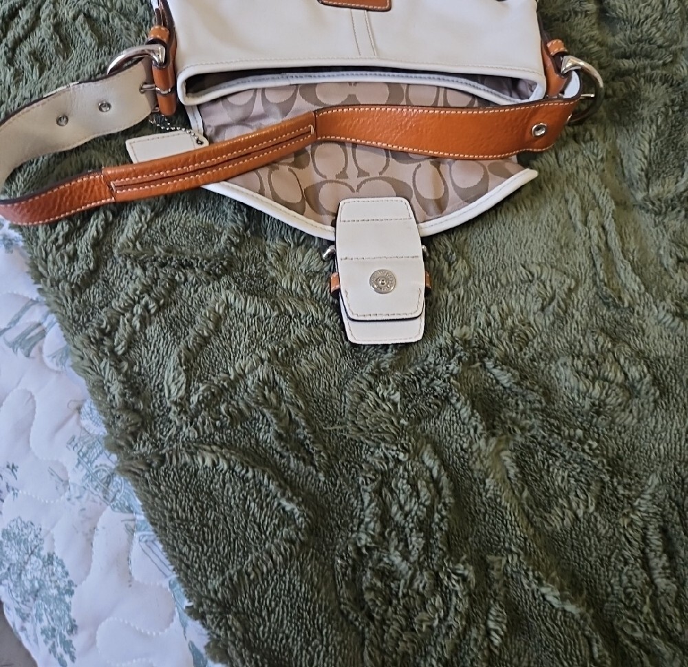 Coach White and Tan Shoulder Bag with Buckle Accent - Picture 5 of 9